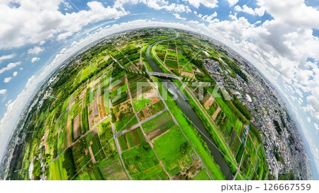 空撮「埼玉県」全天球カメラで見沼田んぼを撮影 空撮「埼玉県」全天球カメラで見沼田んぼを撮影 126667559