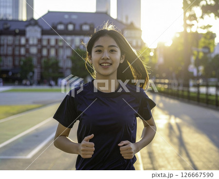 歴史的建造物を背景に笑顔でジョギングする若い女性｜都会の朝活ライフ 126667590