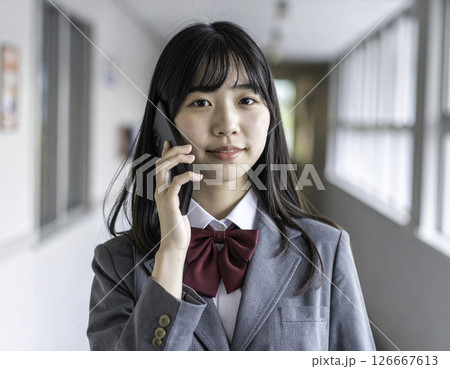 校内の廊下で電話する女子高校生 126667613