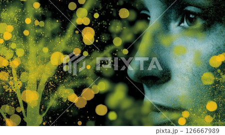Abstract representation of allergic reaction effects using a mannequin face and yellow particles to symbolize allergens on skin and health 126667989