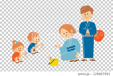 Parents and children playing fireworks, summer vacation, illustration material 126667991