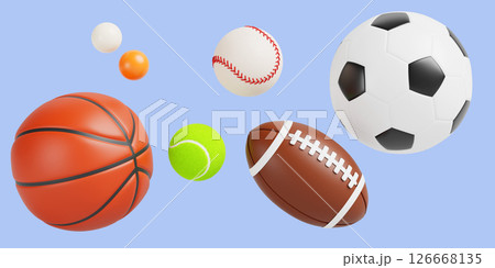 3d sports balls for soccer, basketball, baseball, american football, tennis and ping pong. Render realistic set of sport game equipment for training and competition, isolated icons. 3D illustration 3d sports balls for soccer, basketball, baseball, american football, tennis and ping pong. Render realistic set of sport game equipment for training and competition, isolated icons. 3D illustration 126668135