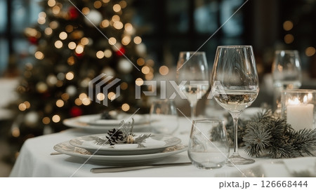Elegant white-themed informal Christmas dinner with stylish decor and sophisticated cuisine set in a festive atmosphere 126668444