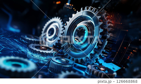 High tech mechanical gears in futuristic setting, showcasing efficiency and precision 126668868