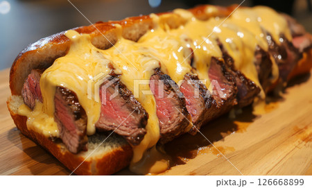 Sliced beef steak sandwich topped with melted cheese on bun 126668899