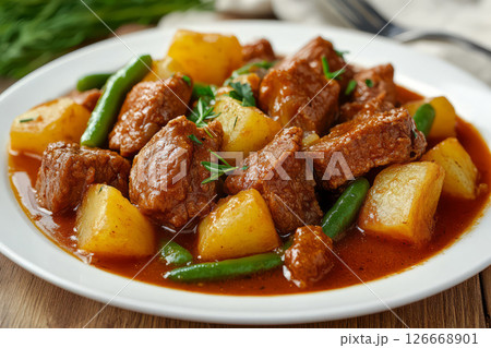 Stewed meat with green beans and potatoes in savory sauce, deliciously hearty 126668901
