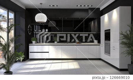 Modern kitchen design with sleek white cabinets, black accents, and plants 126669010