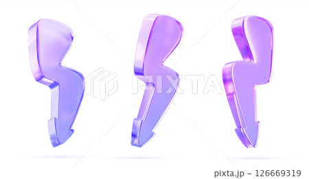 Glass holographic flash, lightning, sale gradient thunder bolt storm charges. Electricity, blitz strikes 3d render set. Thunderbolt, discount arrow with purple blue gradient texture. 3D illustration Glass holographic flash, lightning, sale gradient thunder bolt storm charges. Electricity, blitz strikes 3d render set. Thunderbolt, discount arrow with purple blue gradient texture. 3D illustration 126669319