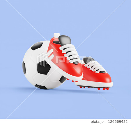 Football boots, red soccer cleats with ball. Athletic running 3d shoes for training, sports match, competition. Realistic stadium game element design set isolated on blue background. 3D illustration 126669422