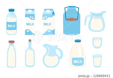 Milk in different packages set flat illustration. Milk bottle, jug and can. Vector illustration 126669451