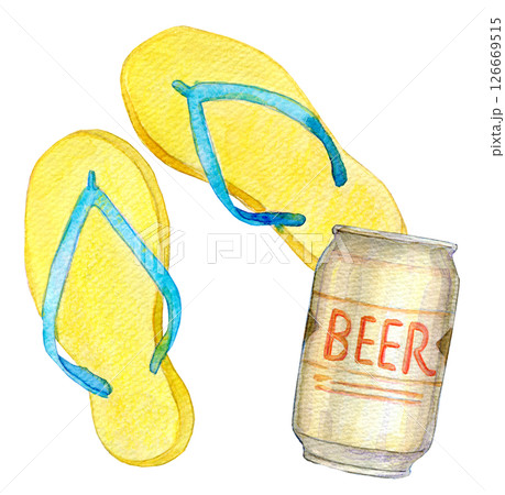 水彩イラスト　ビーチサンダルと生ビール 126669515