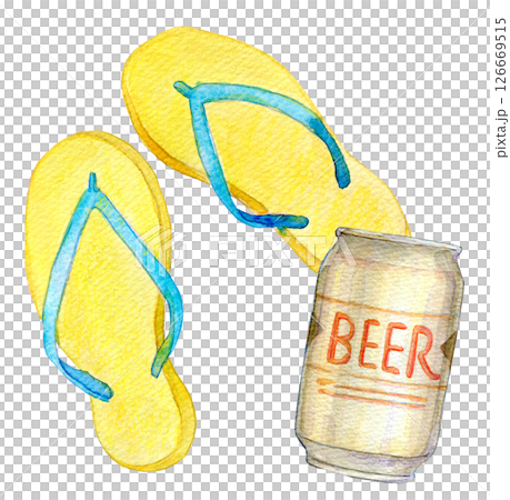 水彩イラスト　ビーチサンダルと生ビール 126669515