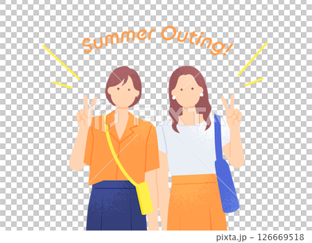 兩個年輕女孩做出和平手勢的向量插圖，描繪了女性享受夏日郊遊的場景 126669518