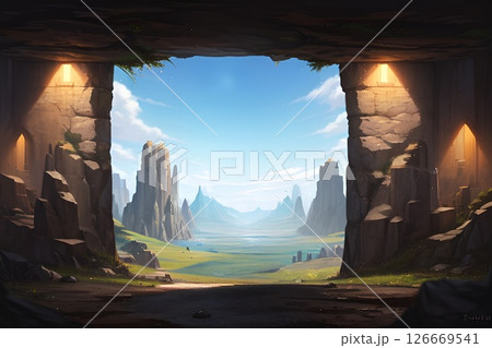 ゲーム背景　人工的な明かりがある山道ダンジョントンネル出口	 126669541