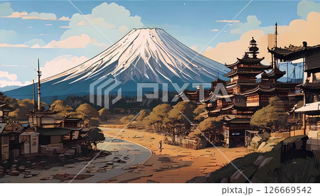 ゲーム背景　浮世絵風富士山と古い町がある日本のイメージ	 126669542