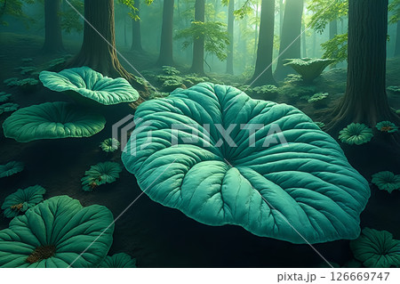 Fabric of the Outdoors dreamlike imagery of giant leaves sewn together like quilts in a surreal fantasy forest Fabric of the Outdoors dreamlike imagery of giant leaves sewn together like quilts in a surreal fantasy forest 126669747