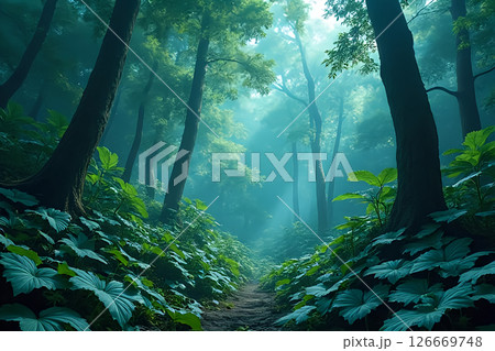 Fabric of the Outdoors dreamlike imagery of giant leaves sewn together like quilts in a surreal fantasy forest 126669748