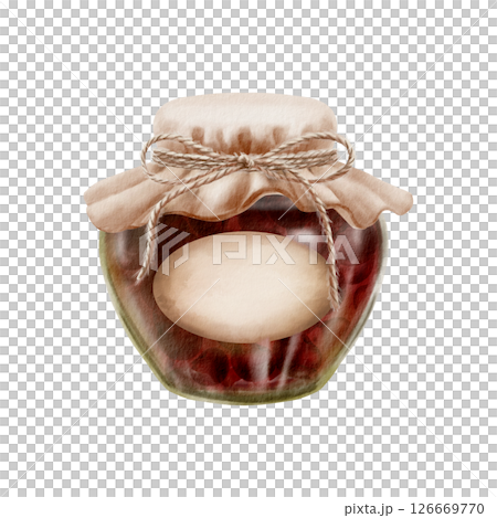 Cherry jam jar watercolor illustration. Vintage fabric lid with twine bow, oval label. Hand-painted rustic preserves pot for packaging, culinary branding, kitchen decor, homemade goods labels Cherry jam jar watercolor illustration. Vintage fabric lid with twine bow, oval label. Hand-painted rustic preserves pot for packaging, culinary branding, kitchen decor, homemade goods labels 126669770