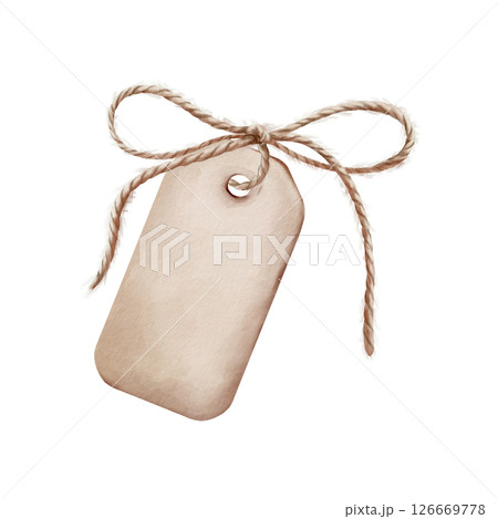 Vintage rectangular tag with rounded corners watercolor illustration.Twine bow through hole, rustic hand-painted label for packaging, gift wrapping, wedding favors and artisan branding projects Vintage rectangular tag with rounded corners watercolor illustration.Twine bow through hole, rustic hand-painted label for packaging, gift wrapping, wedding favors and artisan branding projects 126669778