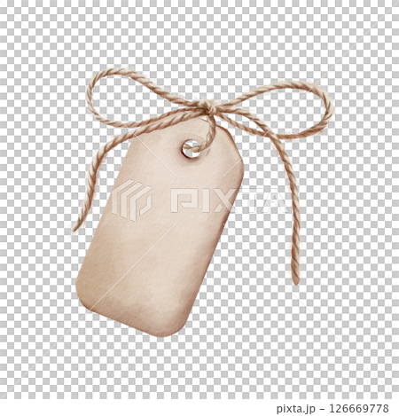 Vintage rectangular tag with rounded corners watercolor illustration.Twine bow through hole, rustic hand-painted label for packaging, gift wrapping, wedding favors and artisan branding projects Vintage rectangular tag with rounded corners watercolor illustration.Twine bow through hole, rustic hand-painted label for packaging, gift wrapping, wedding favors and artisan branding projects 126669778