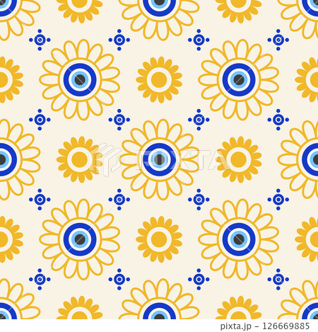 Evil eye Greek seamless pattern. Vector background with blue beads. Turkish nazar - ethnic symbol of protection energy and luck. Mystic amulet with meander ornament. Cute cosmic design Evil eye Greek seamless pattern. Vector background with blue beads. Turkish nazar - ethnic symbol of protection energy and luck. Mystic amulet with meander ornament. Cute cosmic design 126669885