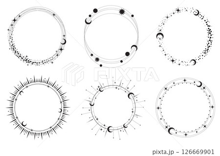 Circle frame with star dust. Round celestial border with sparkles on white background. Magic cosmic rings with astrology symbols. Spiritual elements for Christmas and astrology design 126669901