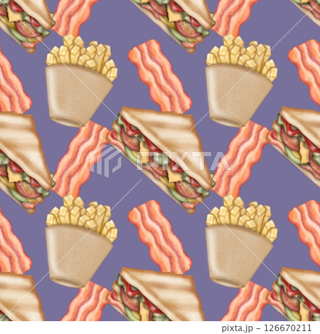 Seamless pattern Breakfast cute hand drawn style cartoon background colorful.  126670211