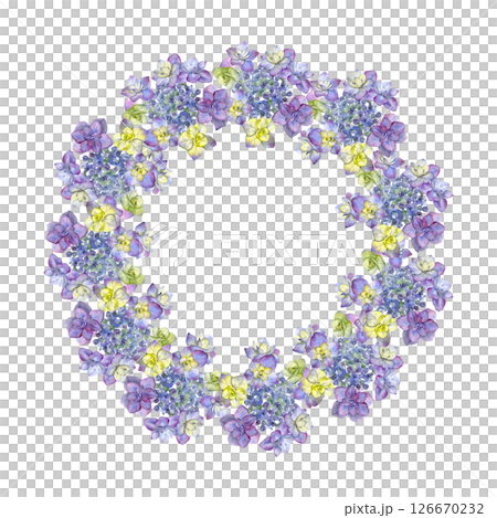 Hydrangea wreath. Watercolor of summer flowers isolated on a white background. Good for postcards, invitations, greeting cards Hydrangea wreath. Watercolor of summer flowers isolated on a white background. Good for postcards, invitations, greeting cards 126670232