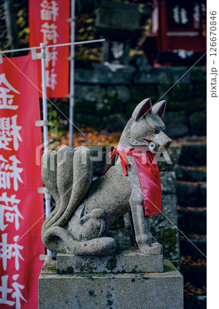 神聖な雰囲気に包まれた金櫻稲荷神社の狐像 山梨県 神聖な雰囲気に包まれた金櫻稲荷神社の狐像 山梨県 126670846