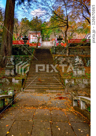 心落ち着く秋の神社風景と参道の彩り 山梨県 心落ち着く秋の神社風景と参道の彩り 山梨県 126670865