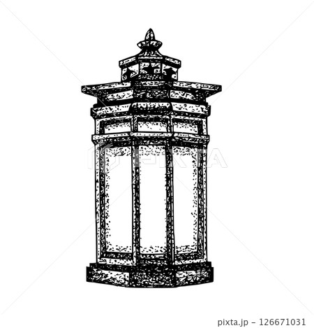 Old vintage lantern black graphic. Vector illustration isolated with white plate. Bronze outdoor Gothic lantern ink drawing lamp for Halloween compositions and esoteric design. Hand drawn object 126671031