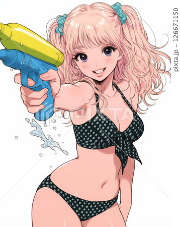 水鉄砲を持った水着の女性イラスト 126671150