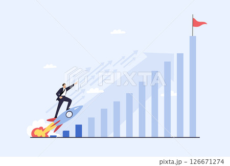 Businessman on rocket, concept of startup, business start, goal achievement, fast career and income growth. Flat cartoon vector illustration. 126671274