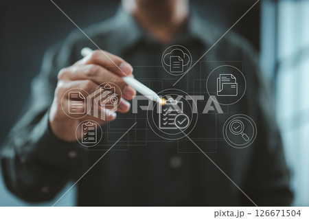Touchscreen interaction with checklist and document icons for digital task management. Touchscreen interaction with checklist and document icons for digital task management. 126671504
