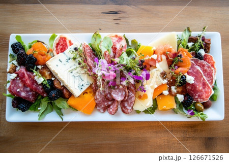 Colorful charcuterie board full of cheeses meats and fruits on rustic wooden background 126671526