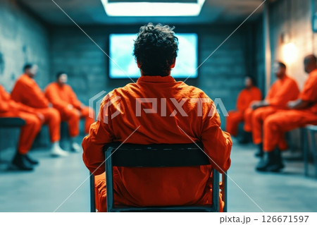 Inmate relaxes while watching television in crowded prison common area Inmate relaxes while watching television in crowded prison common area 126671597