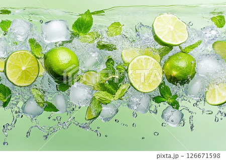 Refreshing splash of cold water with lime slices ice cubes and mint leaves in mid air 126671598