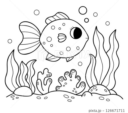 Outline Tropical cute fish character with algae and corals on seabed. Guppy goldfish. Coloring Page. Line drawing. Vector illustration. Kids collection Outline Tropical cute fish character with algae and corals on seabed. Guppy goldfish. Coloring Page. Line drawing. Vector illustration. Kids collection 126671711