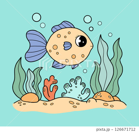 Tropical Cute funny Fish swim among seaweed on seabed. Underwater seascape landscape. Color Hand Drawing. Vector illustration. Kids collection Tropical Cute funny Fish swim among seaweed on seabed. Underwater seascape landscape. Color Hand Drawing. Vector illustration. Kids collection 126671712