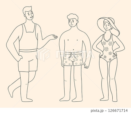 Outline People Beach set. Cute Woman in Swimsuit and sun hat and man with swimming trunks. Isolated male and female Character on summer vacation linear hand drawing. Vector illustration 126671714