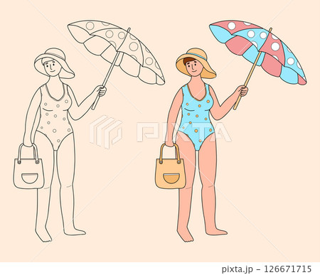 Cute Woman in Swimsuit and Hat with bag and Beach umbrella From Sun. Female Character on summer vacation. Isolated Color and Outline linear hand drawing. Vector illustration 126671715