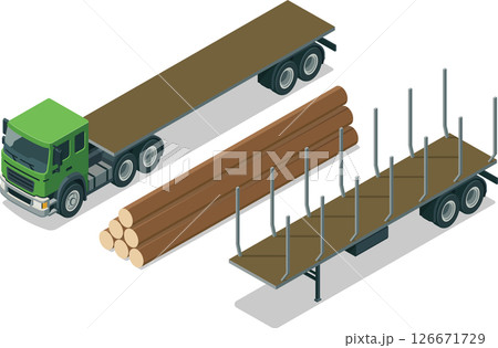 Isometric logging truck empty flatbed 126671729