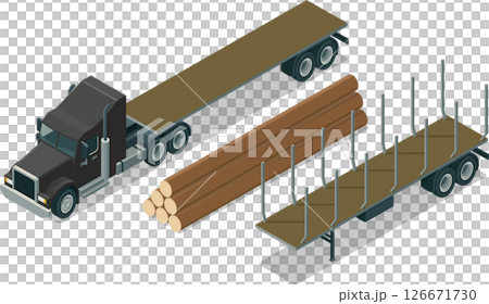 Isometric logging truck trailer empty flatbed 126671730