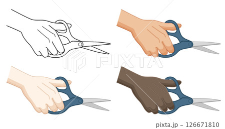 ハサミを持つ手のモノクロ線画と黄色人種、白人、黒人がハサミを持つ手のバリエーション ハサミを持つ手のモノクロ線画と黄色人種、白人、黒人がハサミを持つ手のバリエーション 126671810