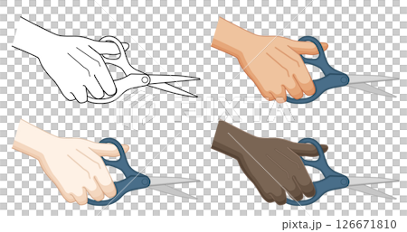 ハサミを持つ手のモノクロ線画と黄色人種、白人、黒人がハサミを持つ手のバリエーション ハサミを持つ手のモノクロ線画と黄色人種、白人、黒人がハサミを持つ手のバリエーション 126671810