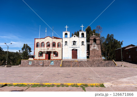 Church and municipal building of Llachon near Lake Titicaca, Peru 126671866