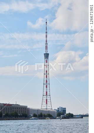 Moscows Iconic and Stunning Television Tower Under Beautiful Blue Skies as a Landmark Moscows Iconic and Stunning Television Tower Under Beautiful Blue Skies as a Landmark 126671901