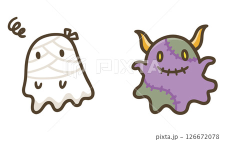 かわいいハロウィンのミイラおばけとゾンビおばけのイラスト素材 126672078