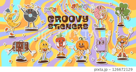 Cartoon groovy characters stickers pack. Vinyl record, donut, pumpkin, strawberry and suitcase, lemon, disco ball, clover and crescent moon on retro swirl background evoking party fun and nostalgia Cartoon groovy characters stickers pack. Vinyl record, donut, pumpkin, strawberry and suitcase, lemon, disco ball, clover and crescent moon on retro swirl background evoking party fun and nostalgia 126672129