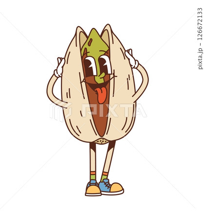 Cartoon groovy pistachio nut character teasing. Vector seed food personage wearing sneakers, striking a quirky face with sticking tongue with cheerful expression, conveying funky y2k old school vibe 126672133